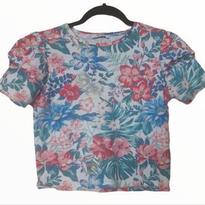 ZARA Trafaluc Floral Cropped Puff Sleeve Tee Shirt